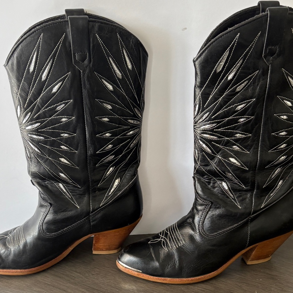 VTG! Dingo Black Sunburst Inlay Leather Cowboy Boots Western Rustic 80s Size 5.5